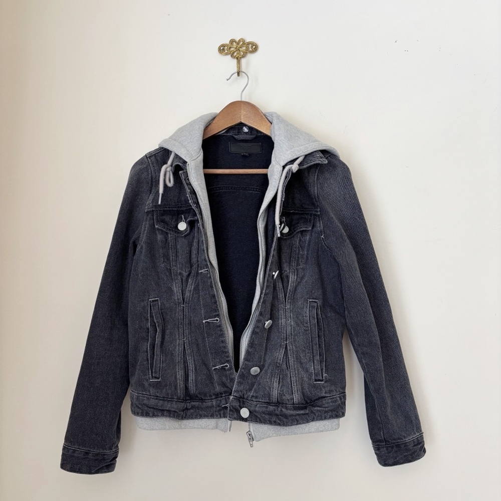 BlankNYC Two Fer Denim & Faux Gray Hoodie Jacket Small